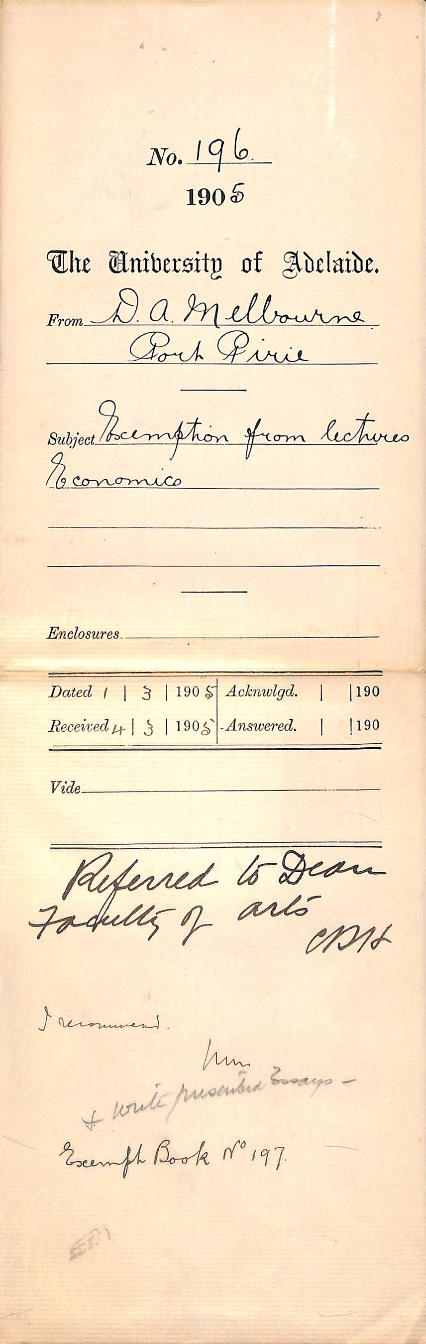 Exemption from lectures - Melbourne