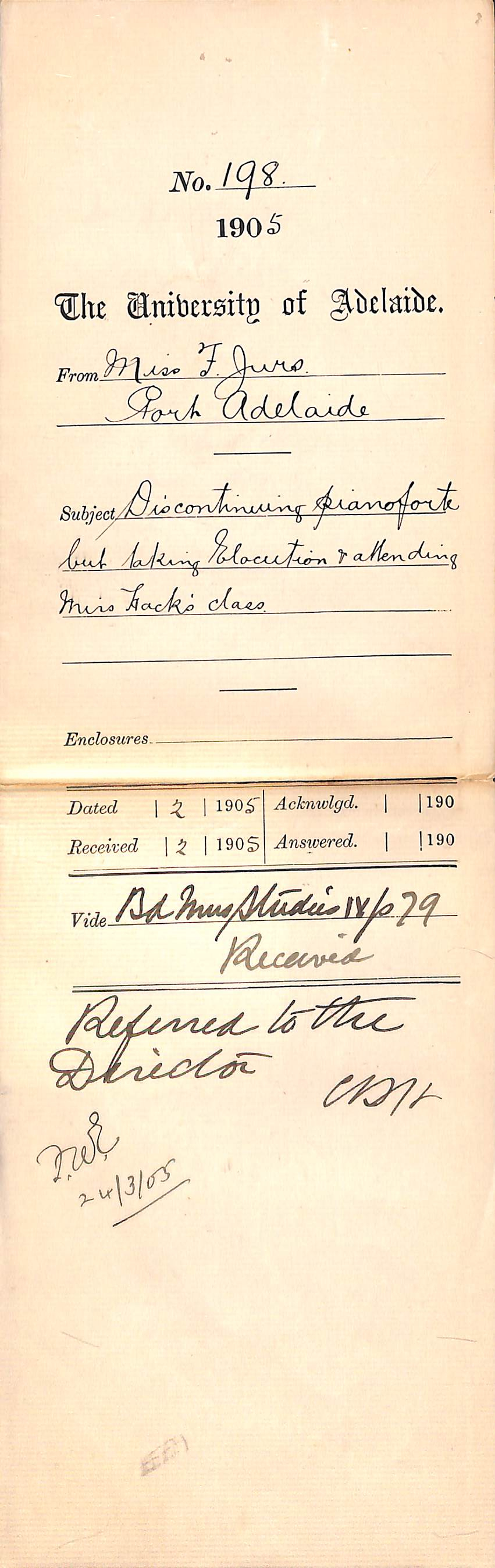 Discontinuing pianoforte but taking Elocution and attending Miss Hack's class