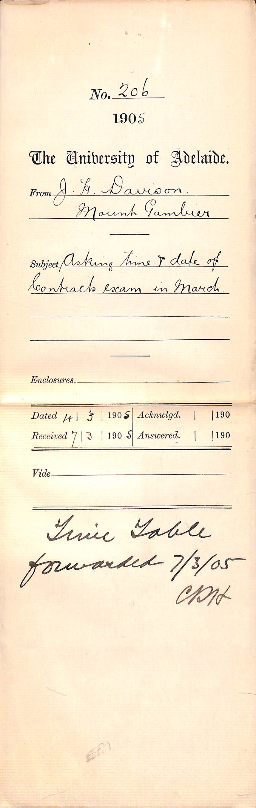 Asking time and date of Laws of Contract exam in March