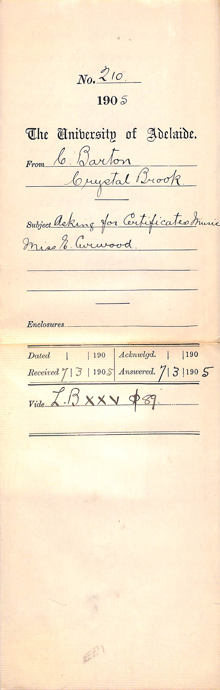 Asking for Music Certificates for Miss E Curwood