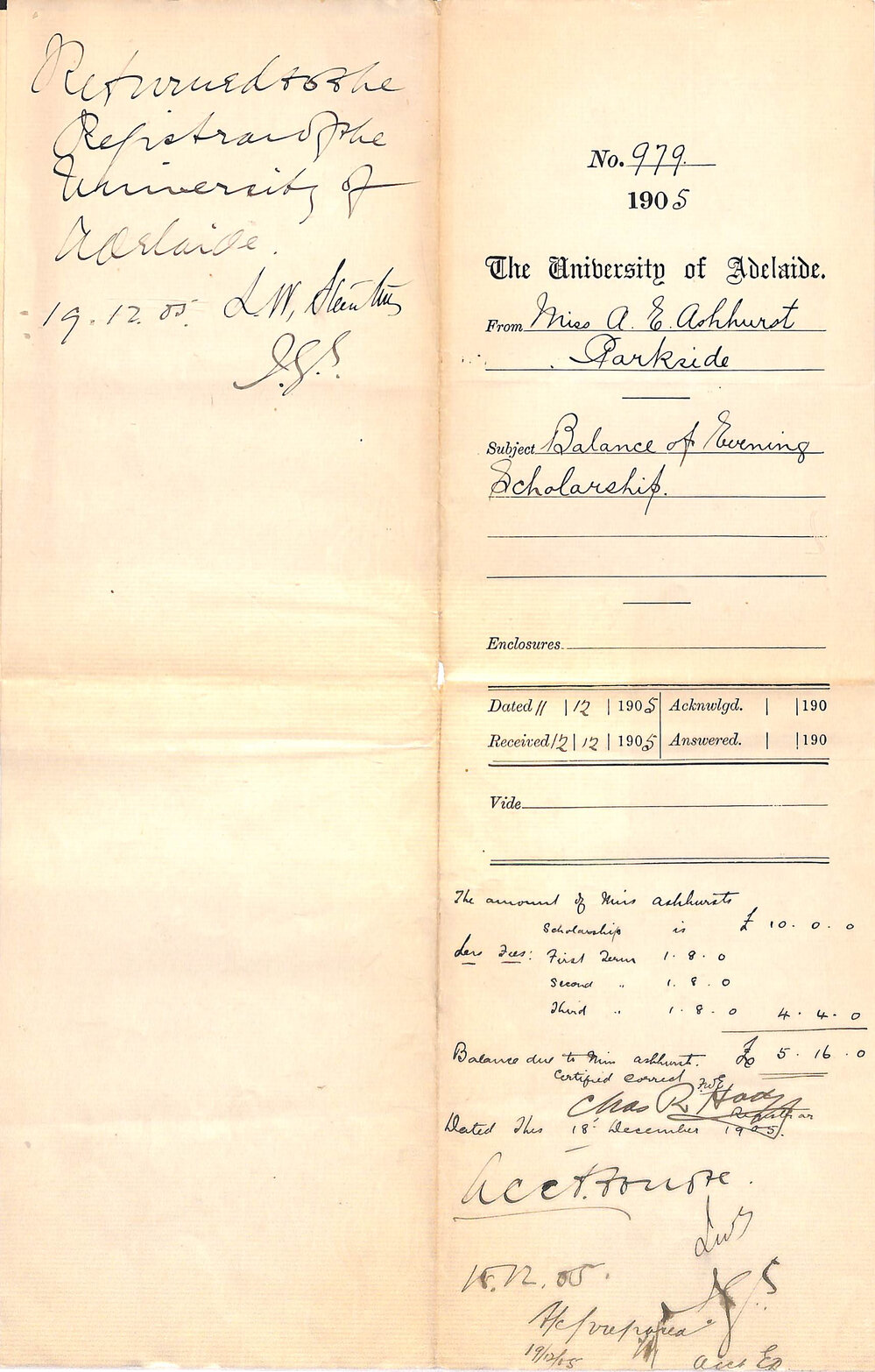 Miss A E Ashhurst - Balance of Evening Scholarship