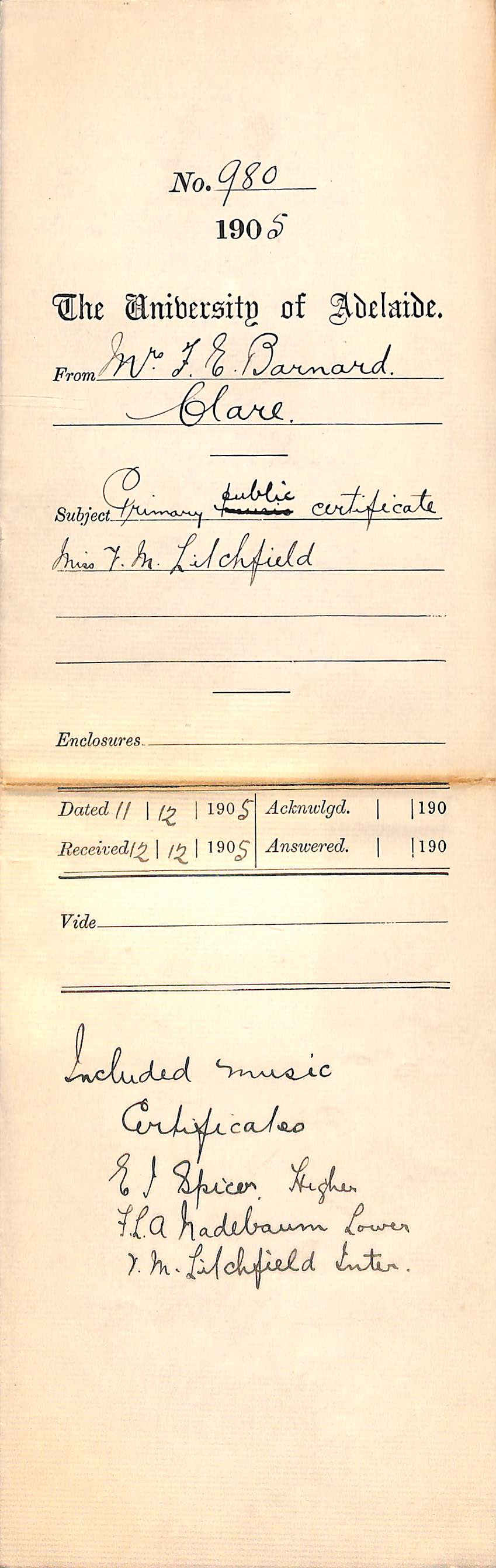 Primary public certificate Miss F M Litchfield - Full Docket