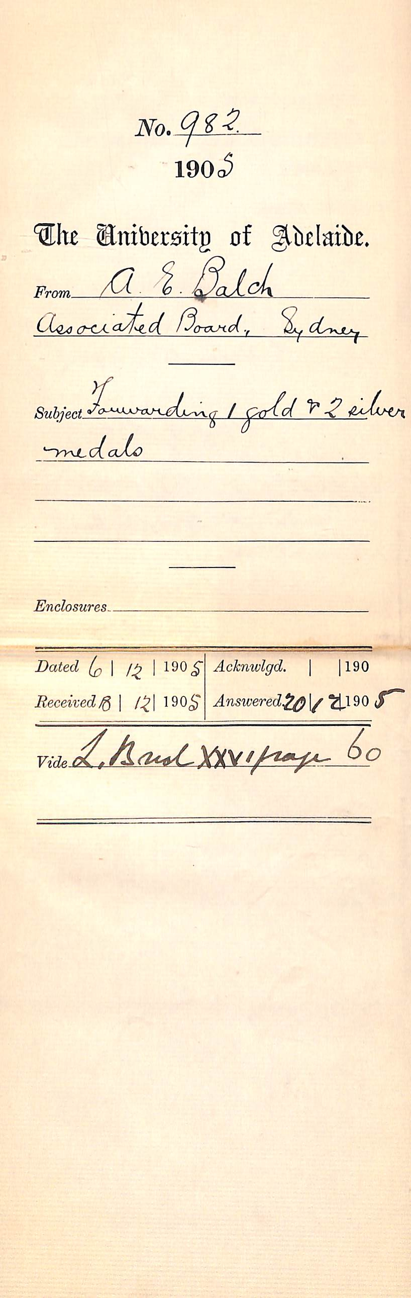 A E Balch - Forwarding 1 gold and 2 silver medals