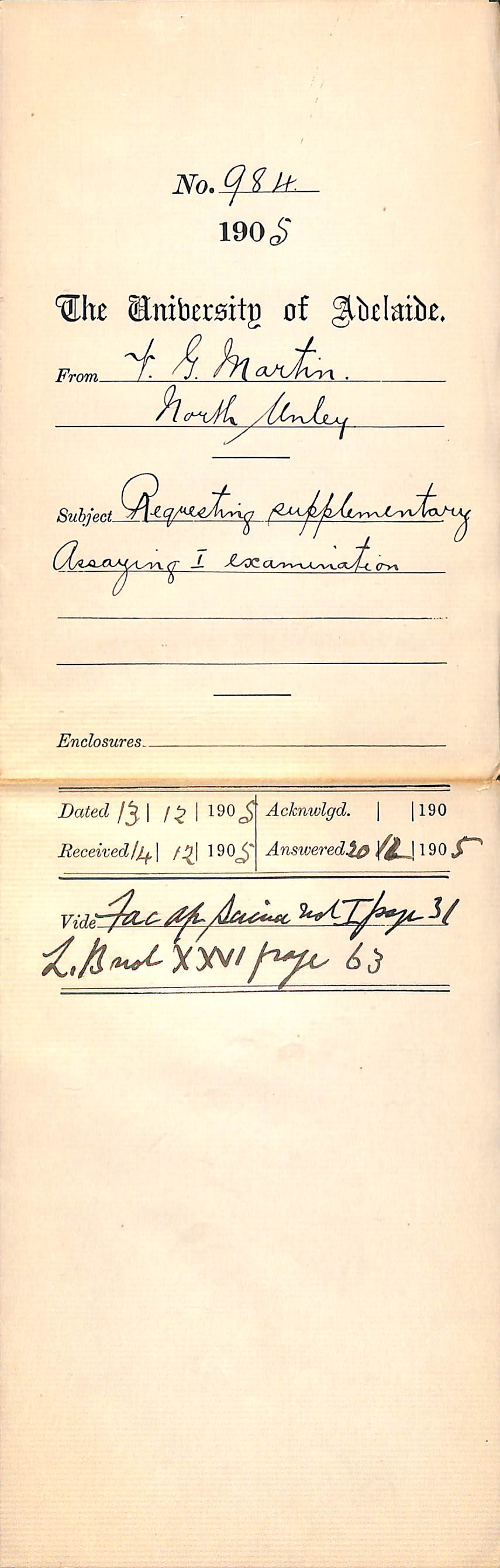 V G Martin - Requesting supplementary assaying I examination