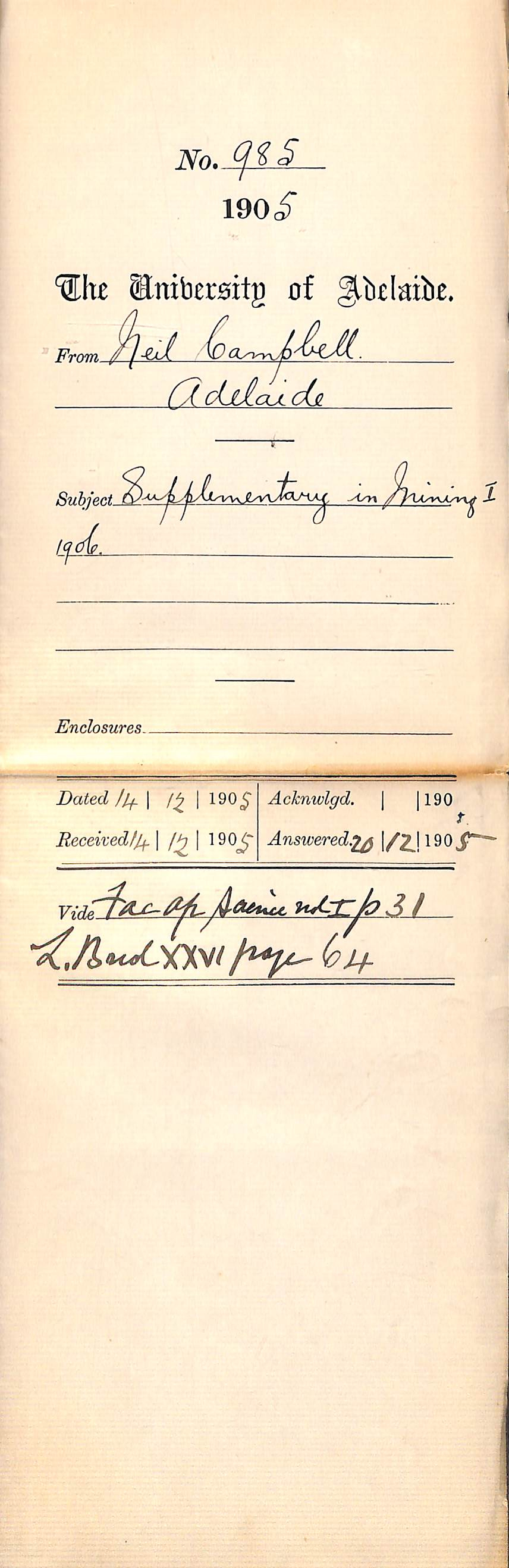 Neil Campbell - Supplementary in Mining I 1906