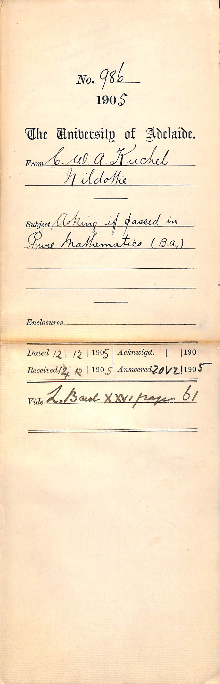 C W A Kuchel - Asking if passed in Pure Mathematics