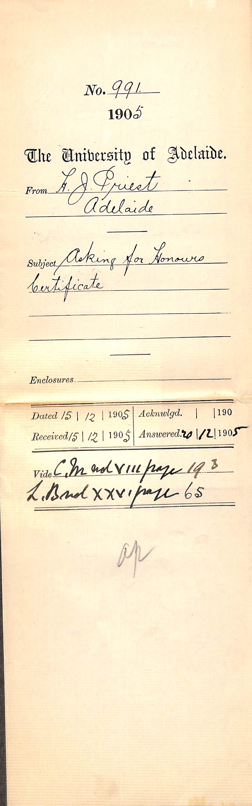 H J Priest - Asking for Honors Certificate