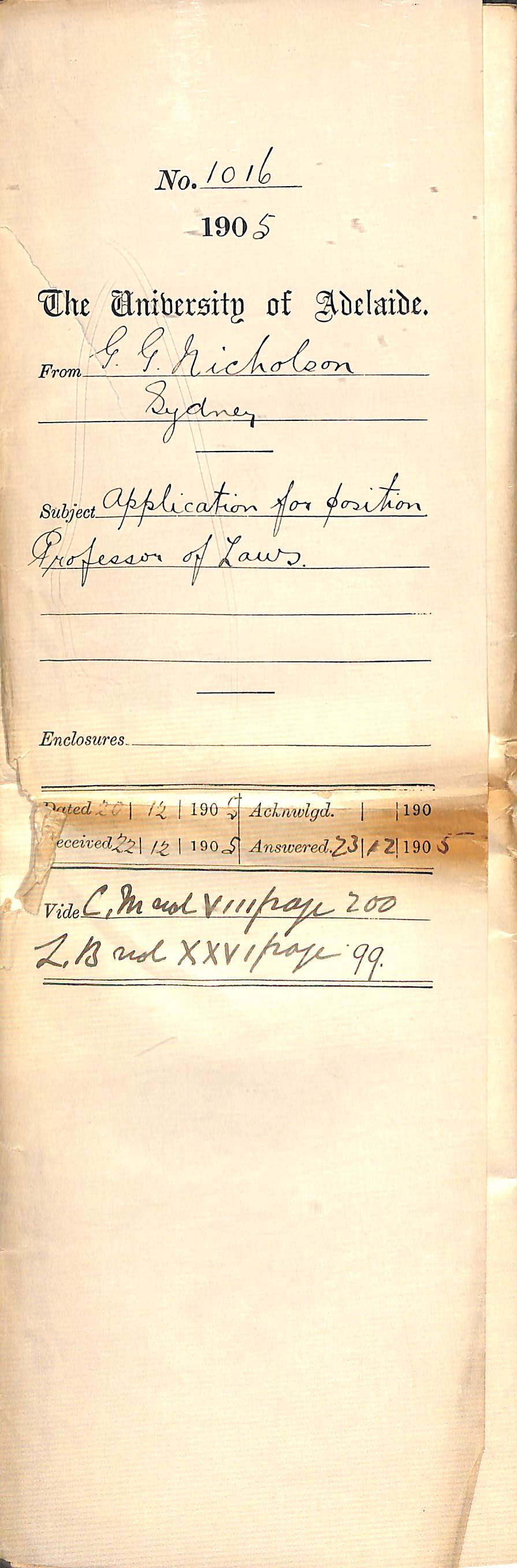 G G Nicholson - Application for position of Professor of Laws