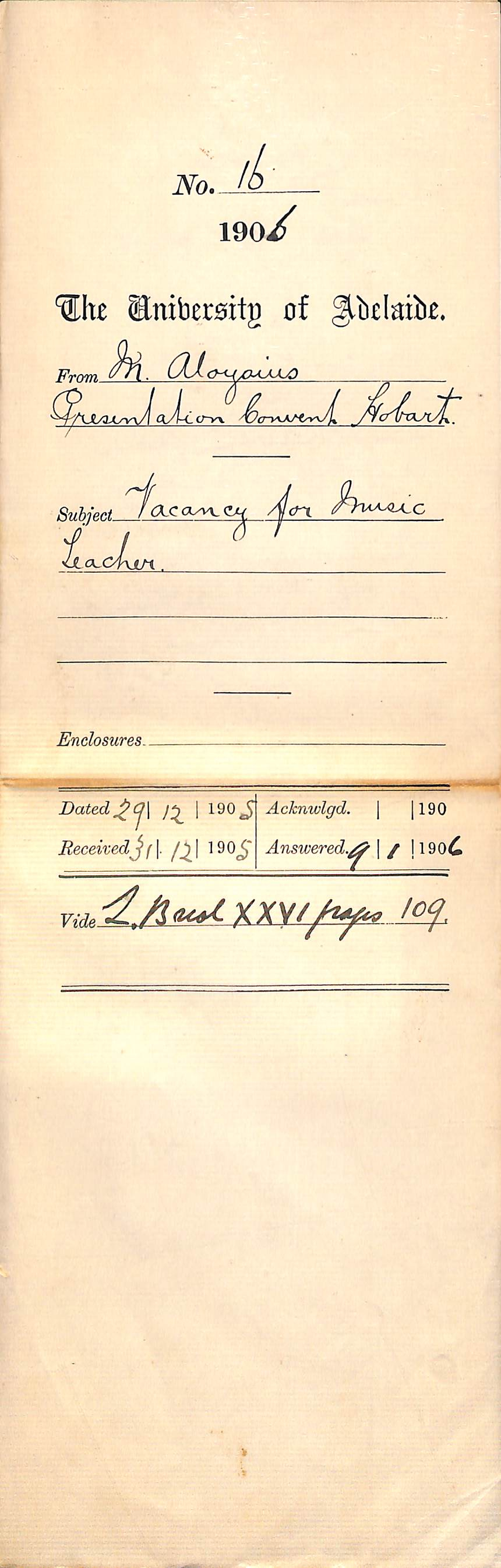 Vacancy for a music teacher in Hobart