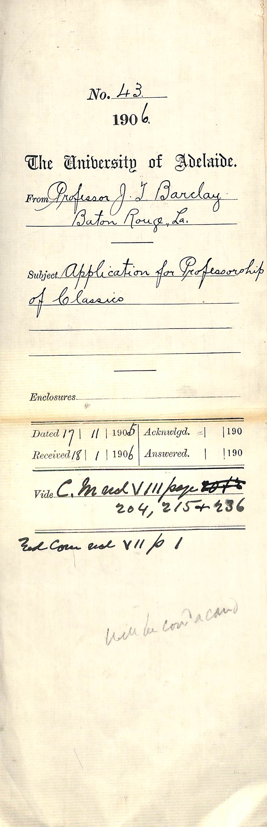 Applying for Professorship of Classics Julian T Barclay