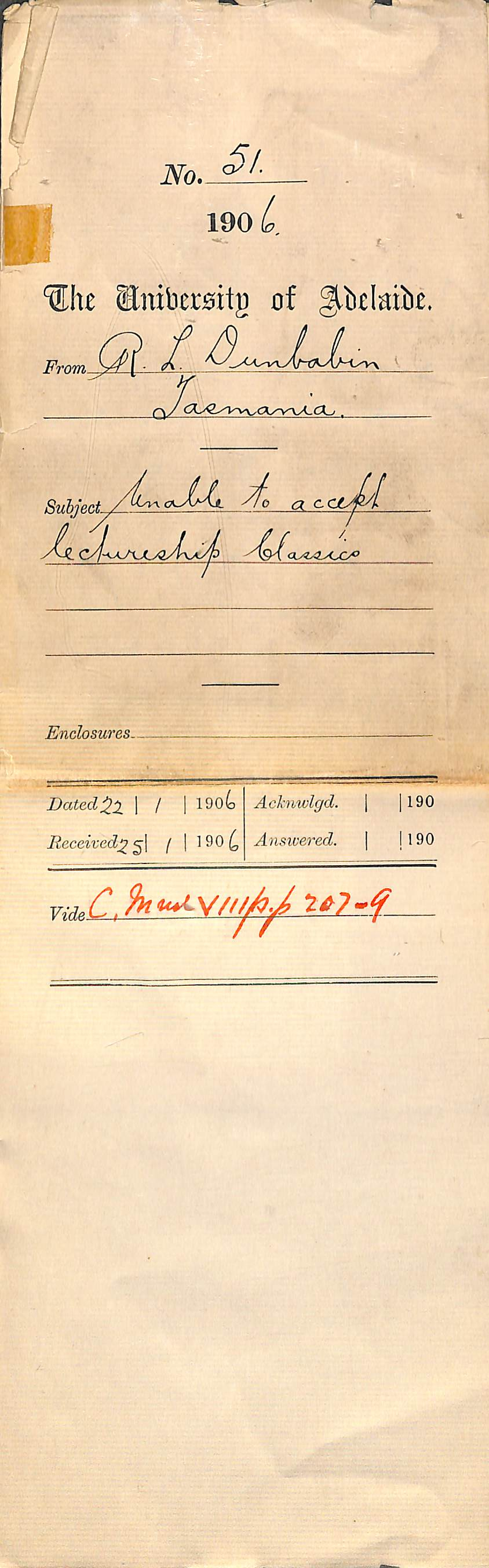 Declining offer of lectureship