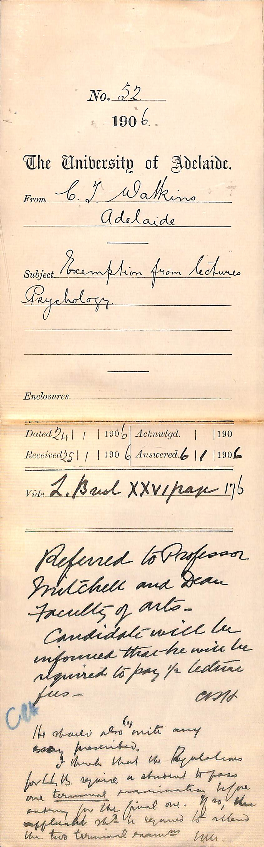 Applying for exemption from lectures Charles Thomas Watkins