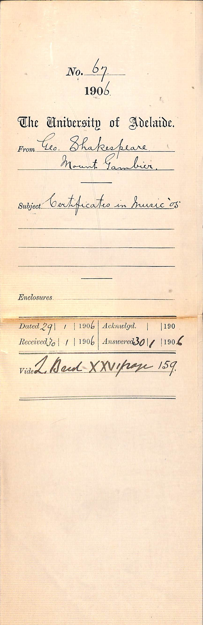 Requesting music certificates George Shakespeare