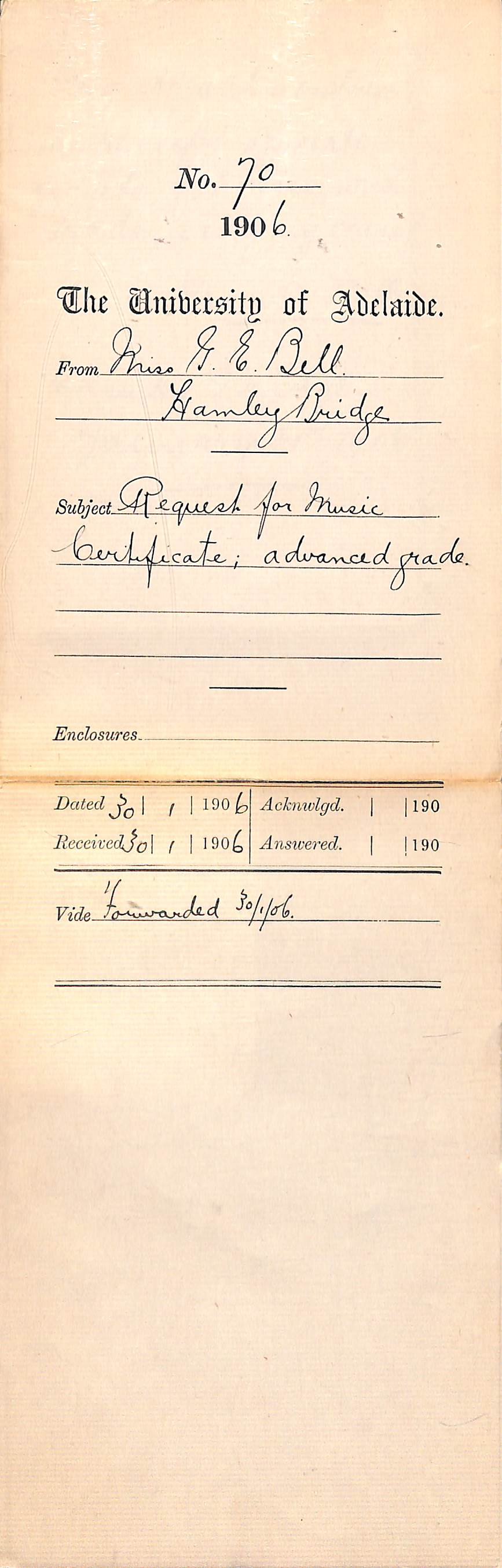 Requesting music certificate Grace E Bell