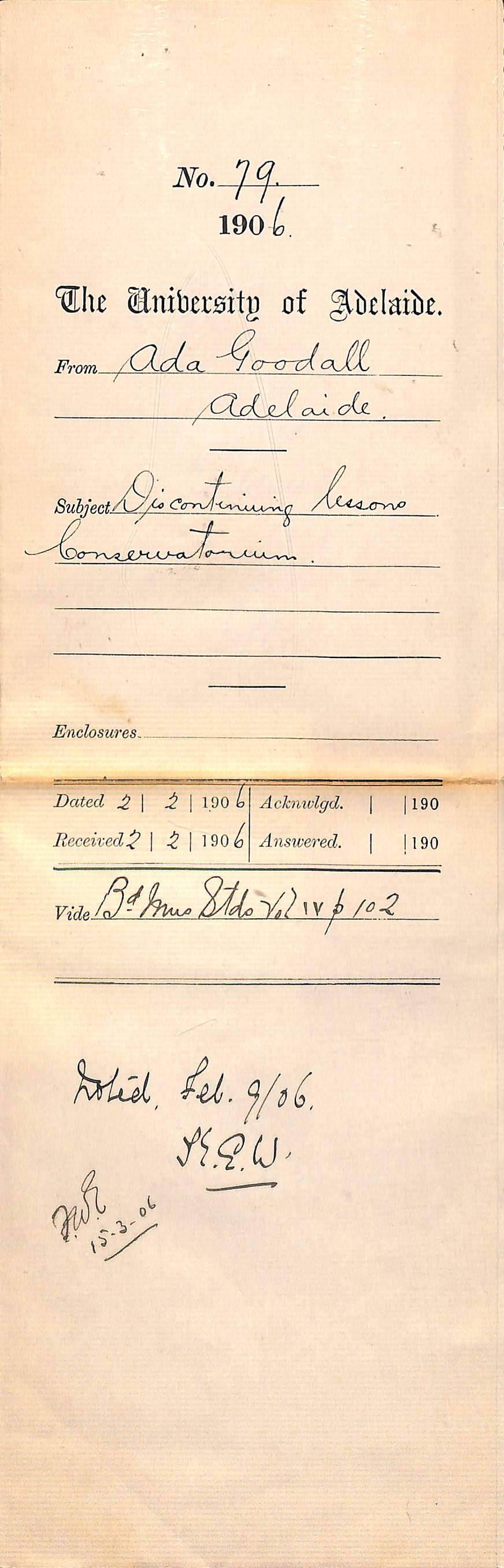 Discontinuing singing lessons Ada Goodall