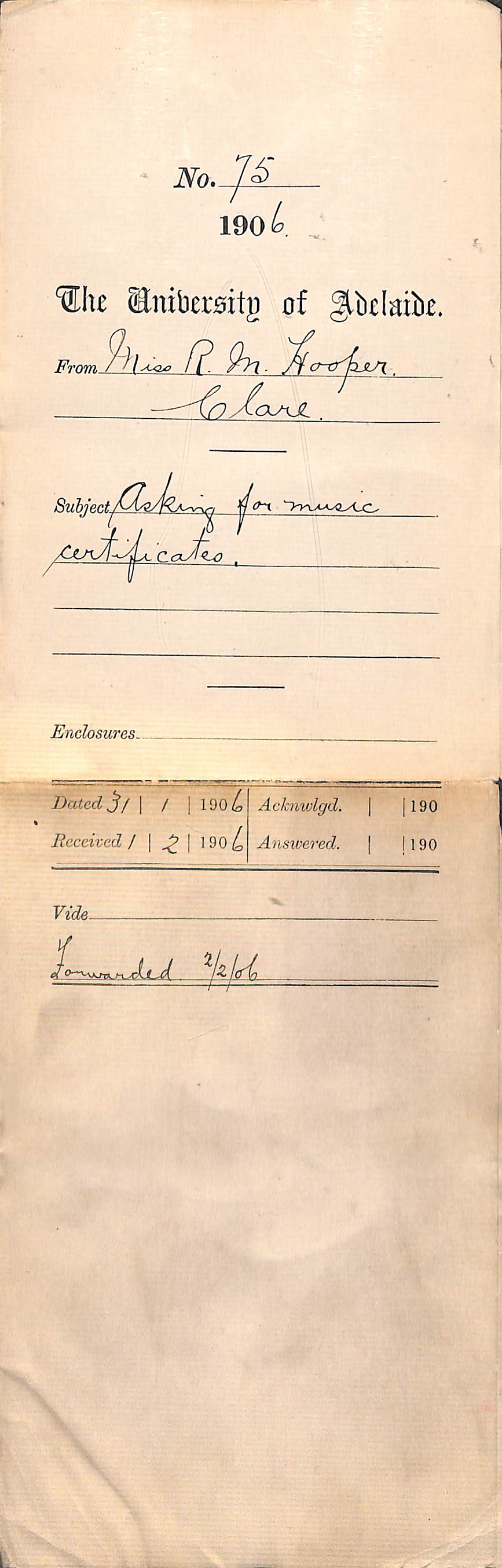 Requesting music certificates Ruby Hooper