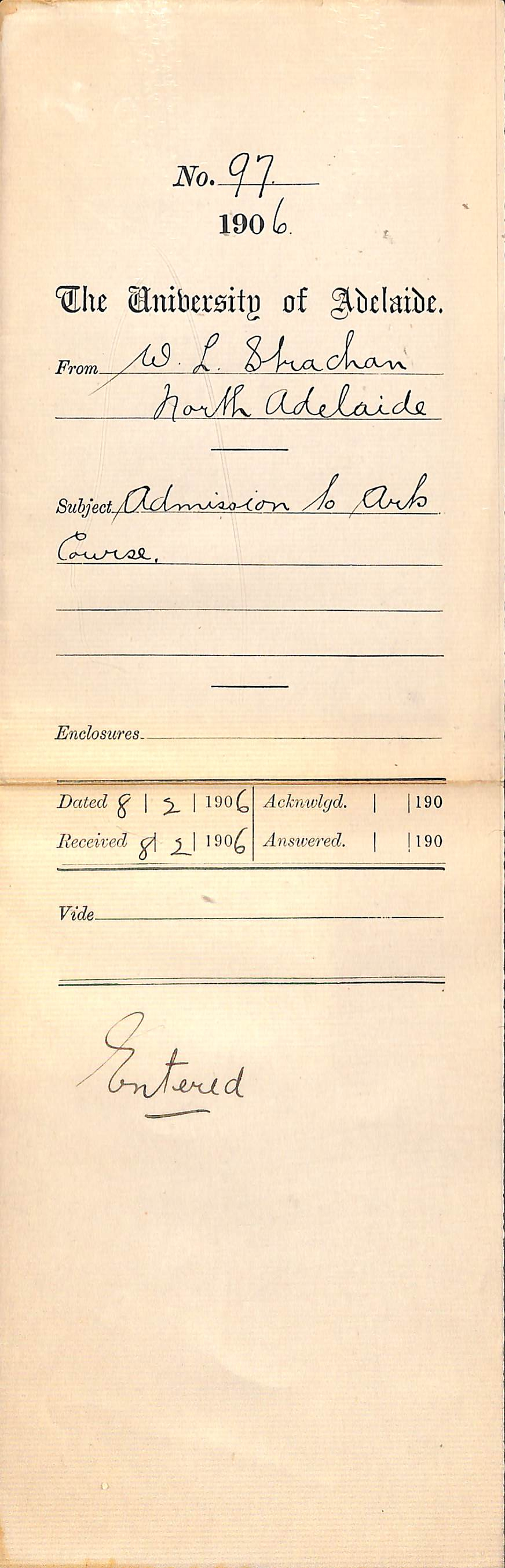 Applying for admission to BA course W L Strachan