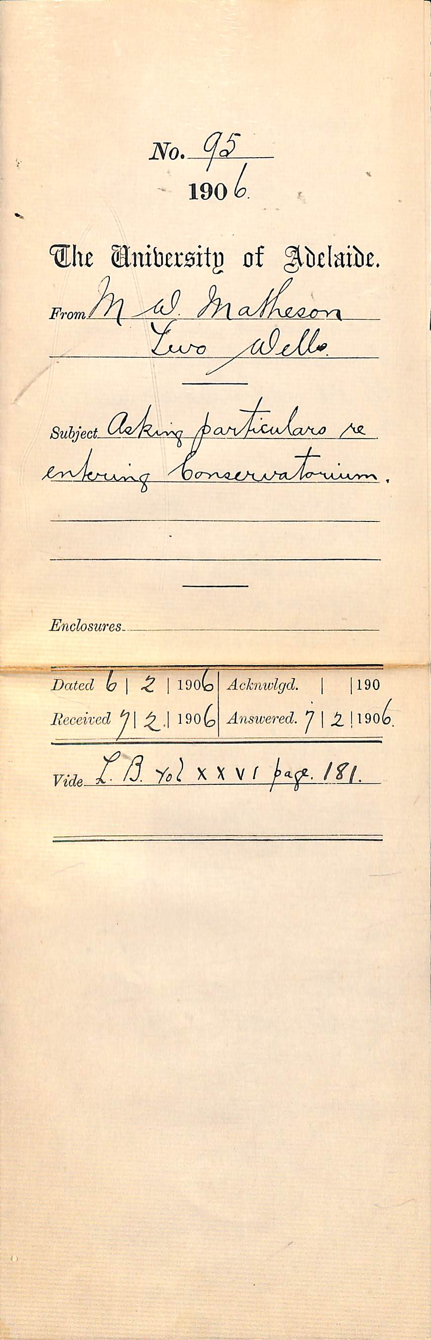 Asking for details about commencing at the Conservatorium