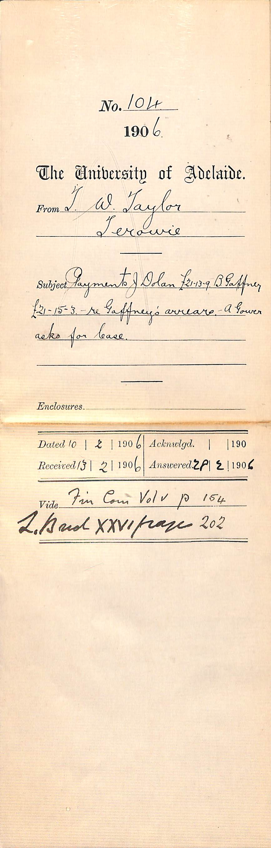 Forwarding cheques - letter from J Dolan - A Gower asking for lease