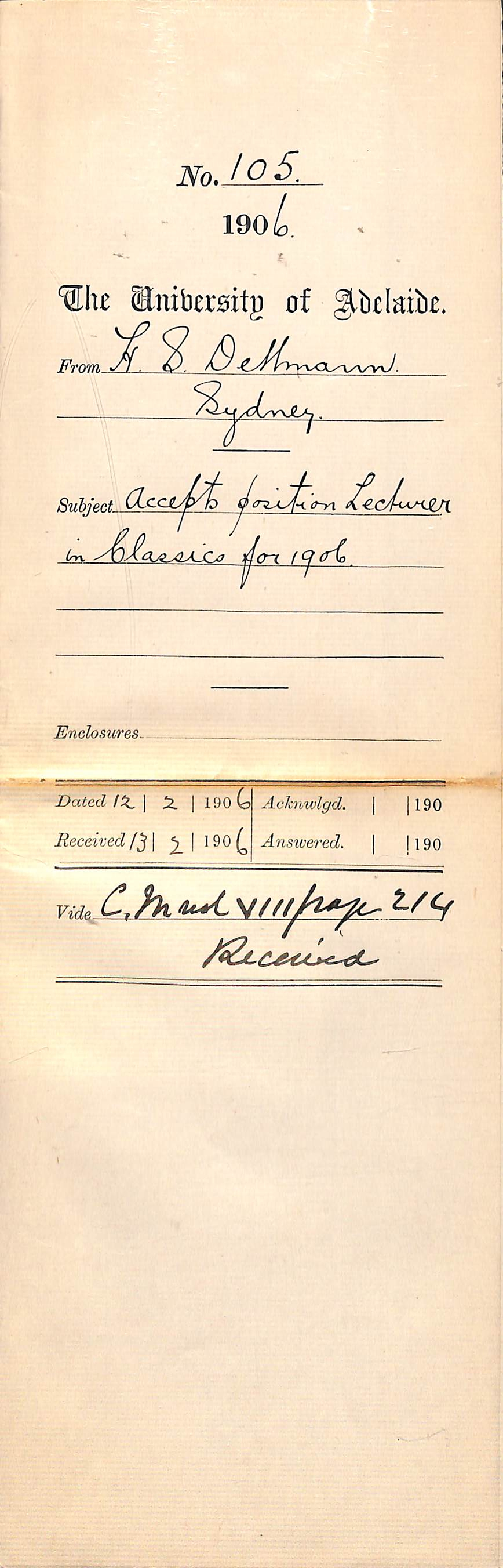 Telegrams accepting lectureship in Classics