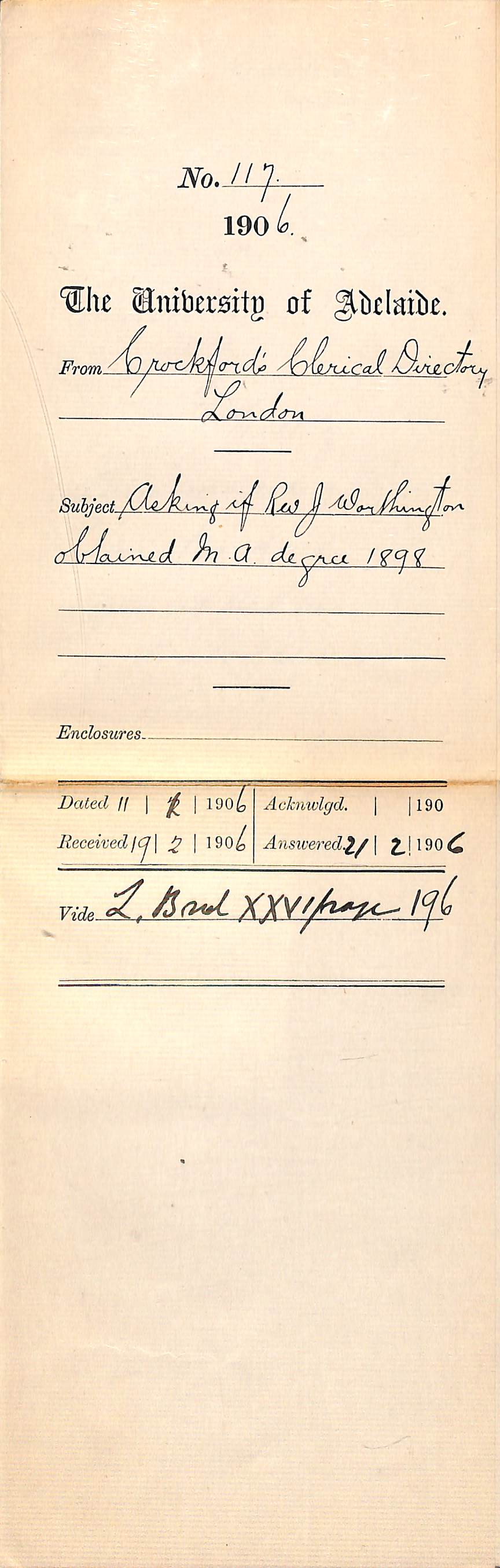 Verifying qualifications of Reverend J Worthington