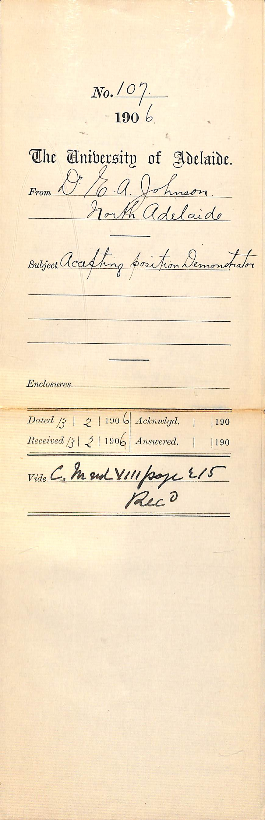 Accepting position as Demonstrator of Anatomy