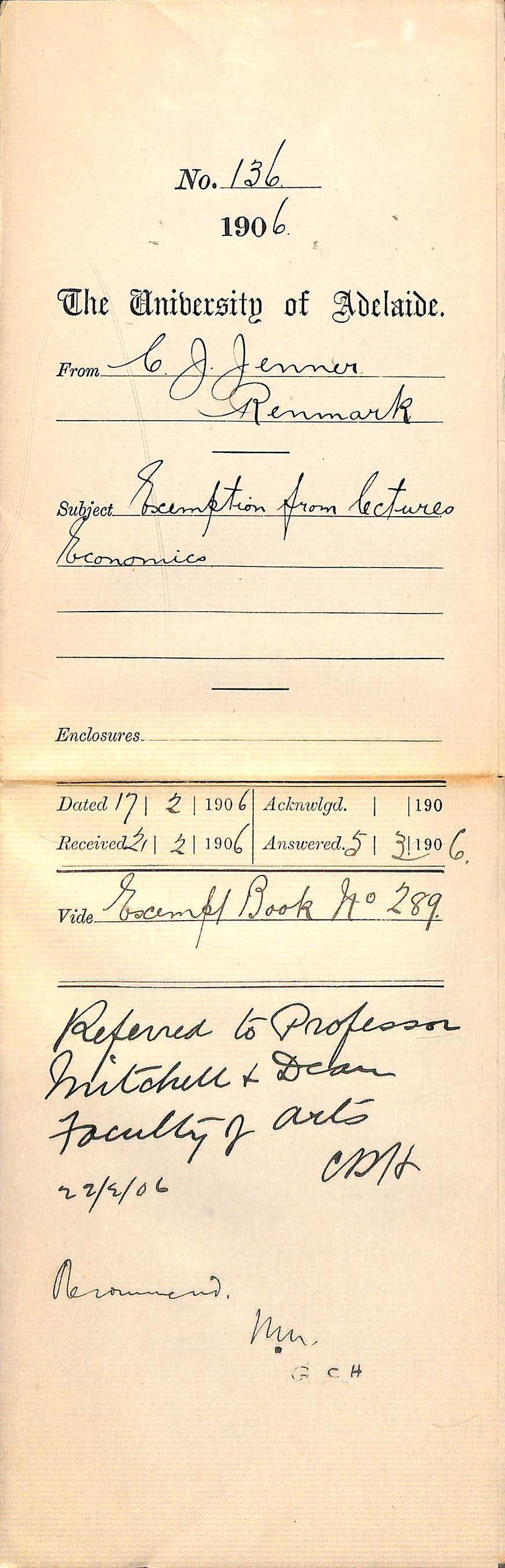 Exemption from lectures Economics - Jenner