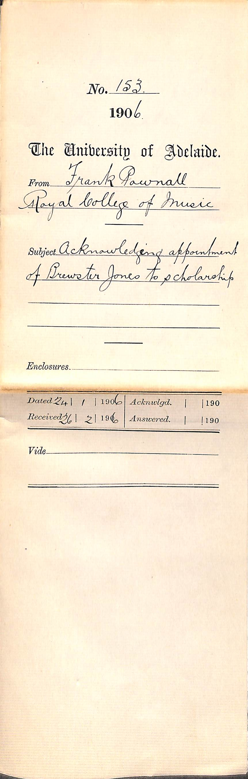 Acknowledging appointment of Brewster Jones to Scholarship