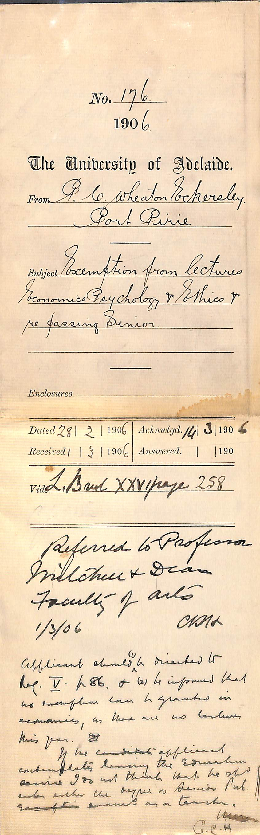 Exemption from lectures Economics Psychology and Ethics and re passing Senior