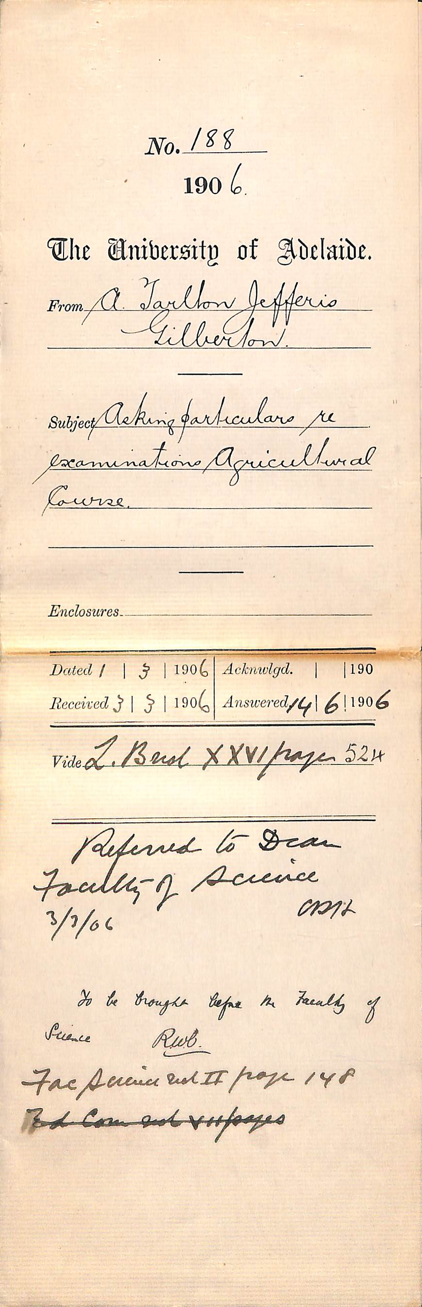 Asking particulars re Examinations Agricultural Course