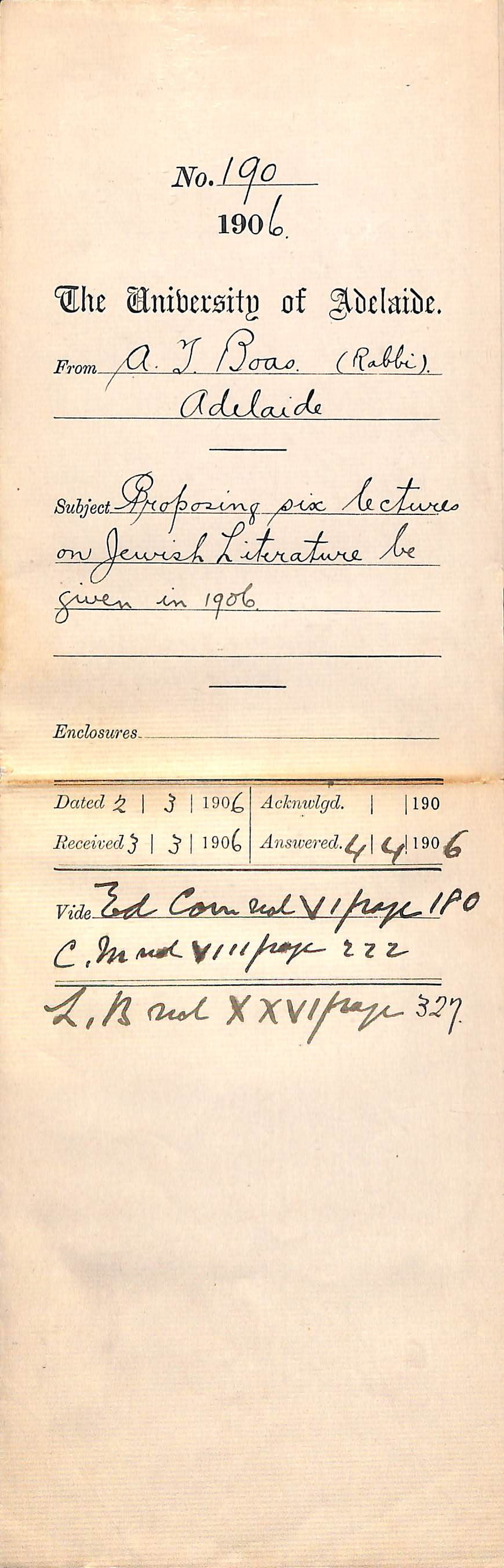 Proposing six lectures on Jewish Literature be given in 1906