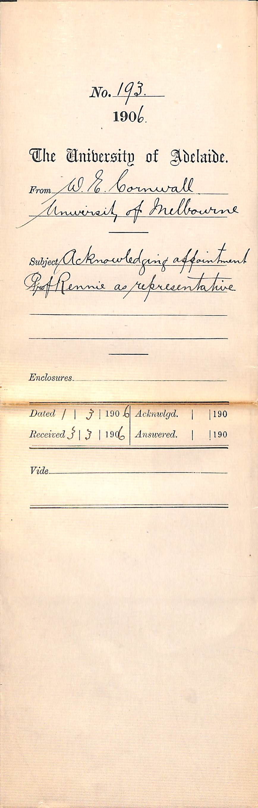 Acknowledging appointment Professor Rennie as Representative