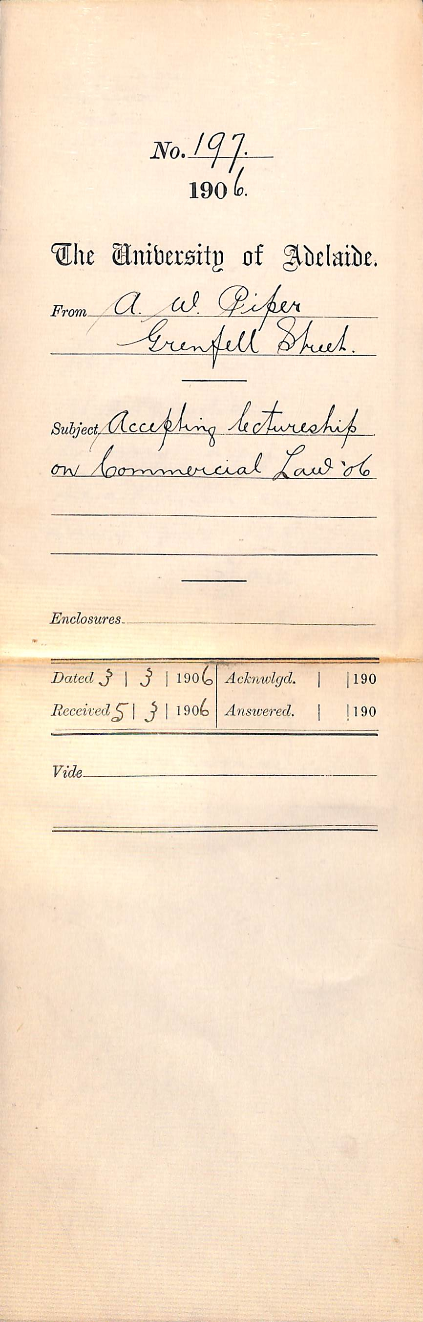 Accepting Lectureship on Commercial Law 1906