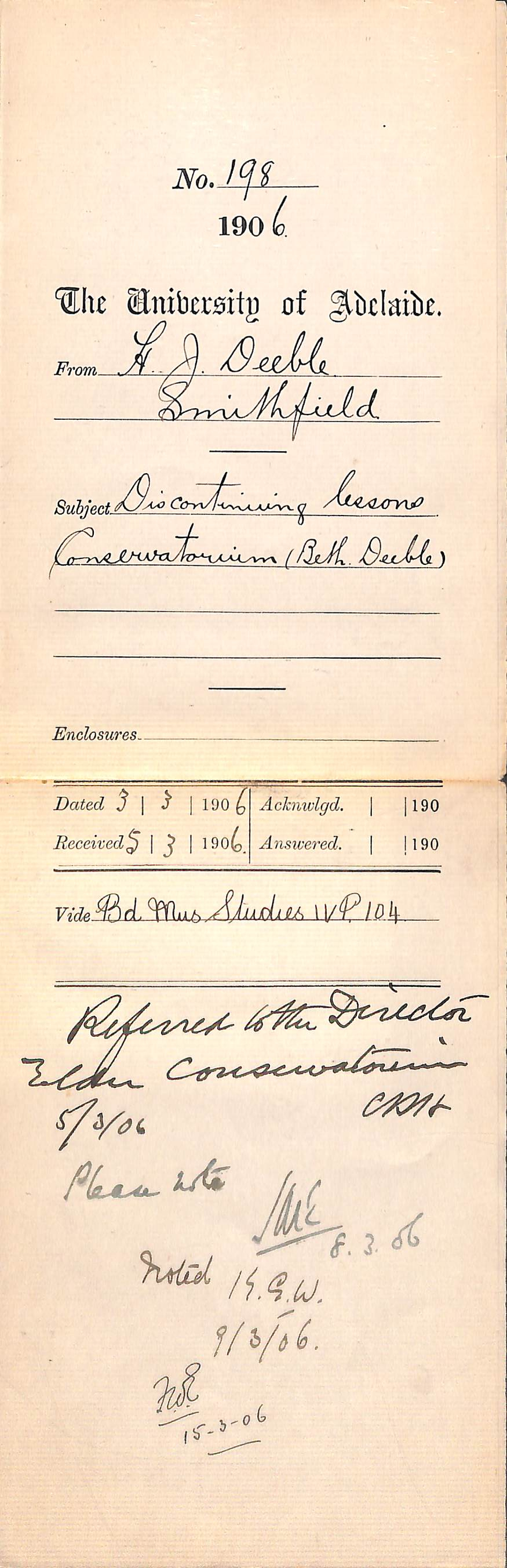 Discontinuing lessons Conservatorium Beth Deeble