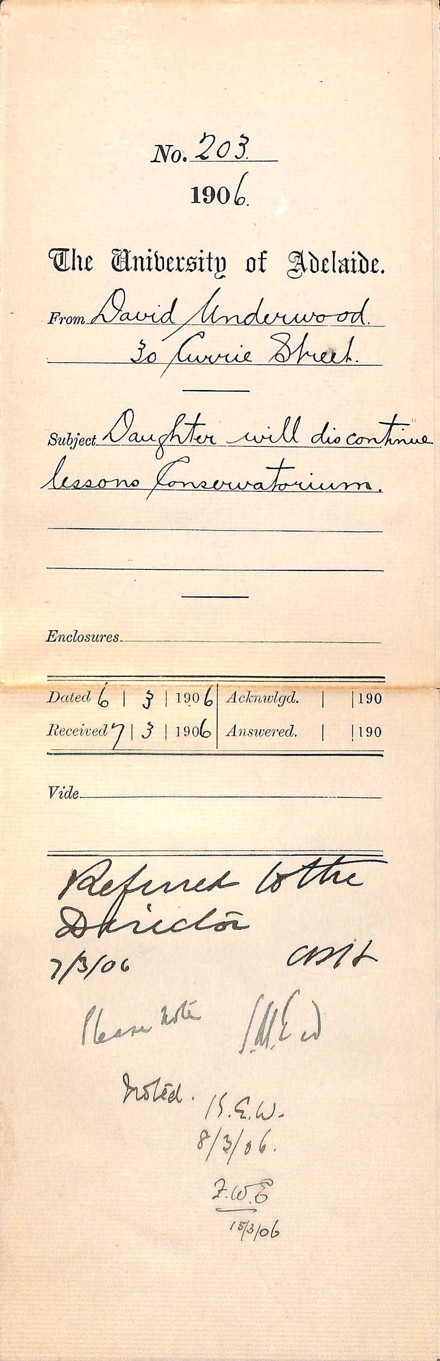 Daughter Gertie Underwood will discontinue lessons Conservatorium