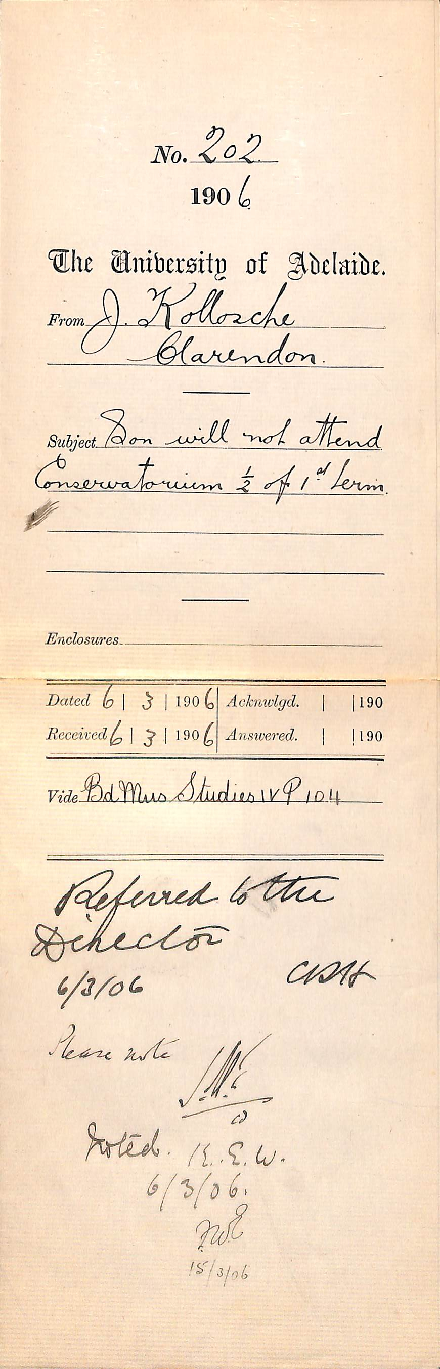 Son Samuel Kollosche will not attend Conservatorium half of First Term