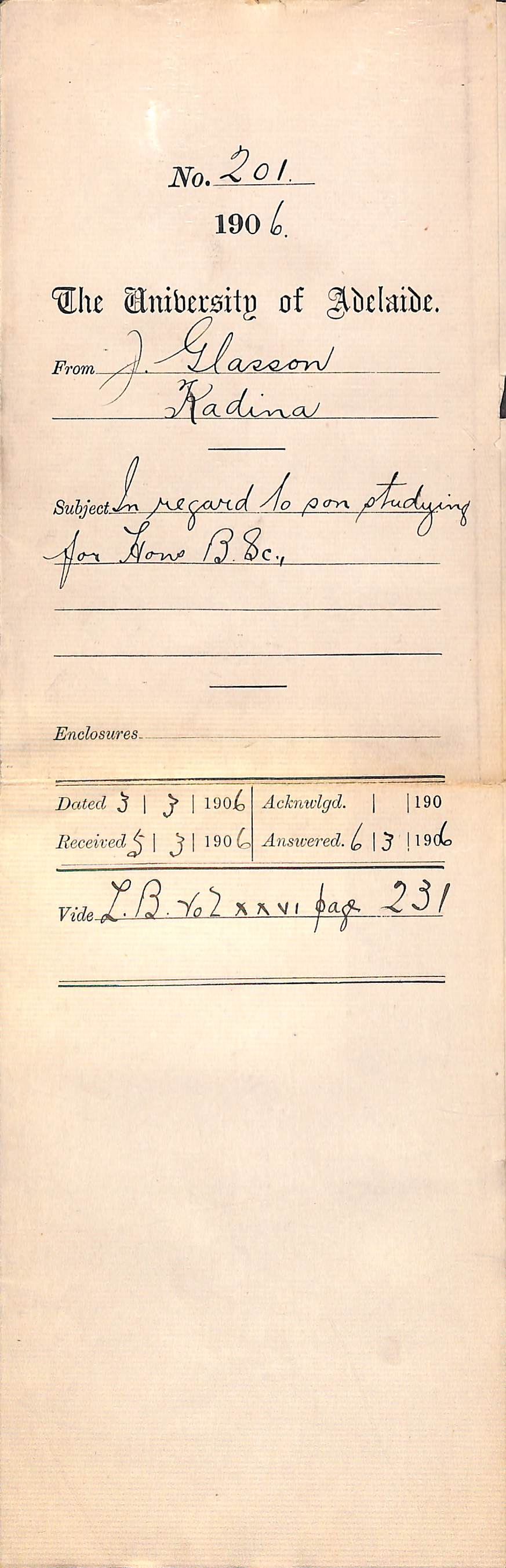 In regard to son Joseph Leslie Glasson studying for Hons BSc