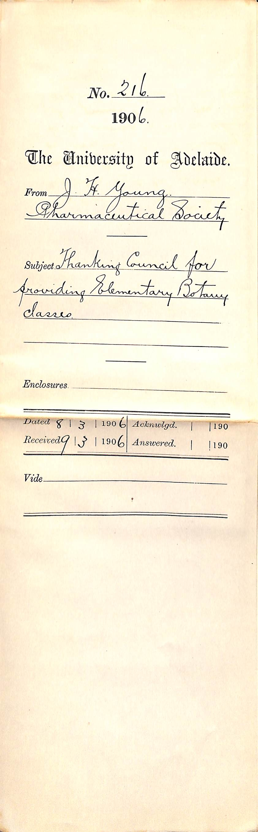 Thanking Council for providing Elementary Botany Classes