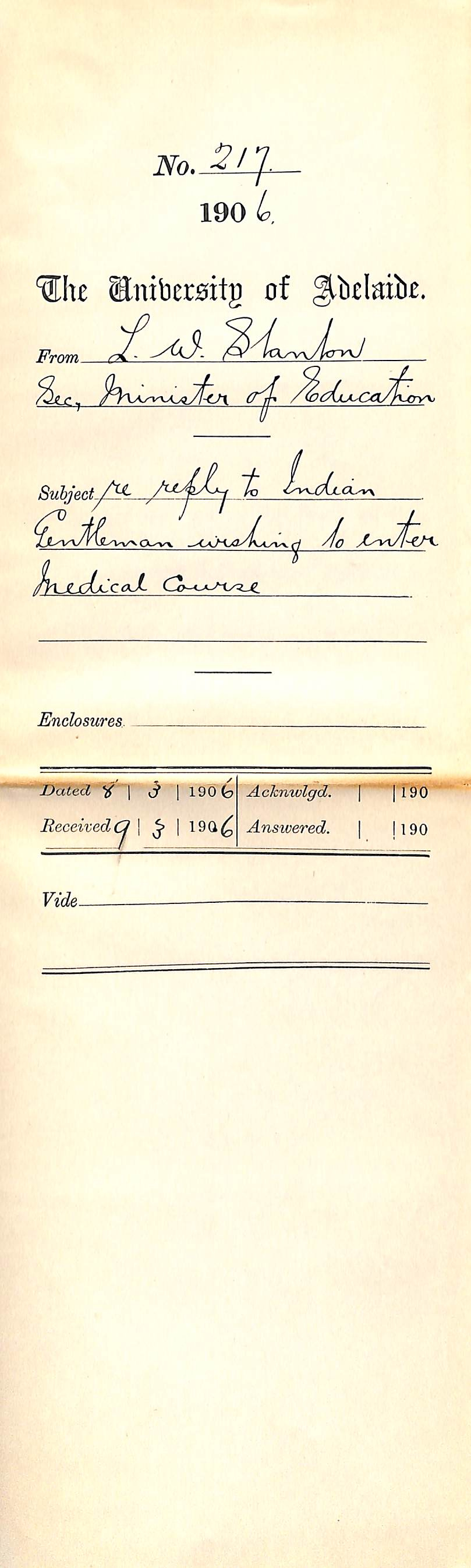 Reply to Indian Gentleman wishing to enter Medical Course