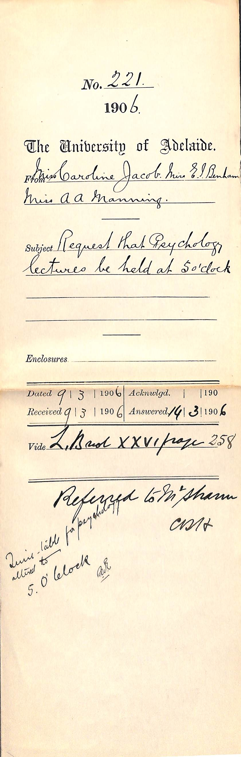 Request that Psychology lectures be held at 5 o'clock