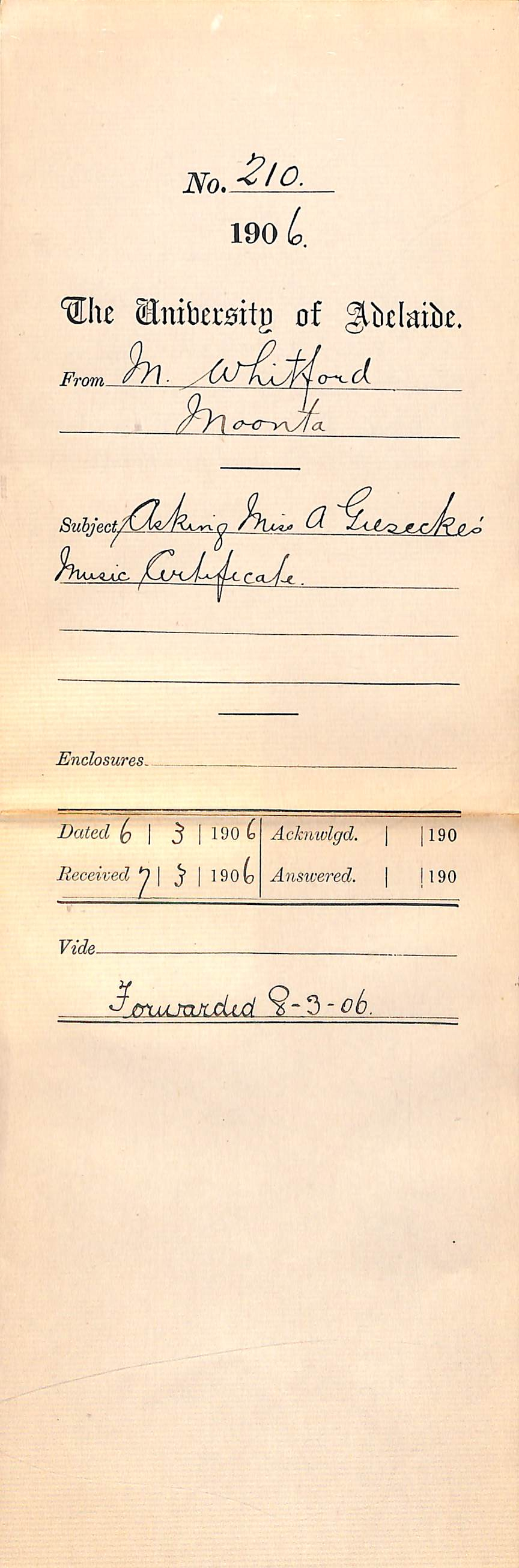 Asking Miss Annie Giesecke's Music Certificate