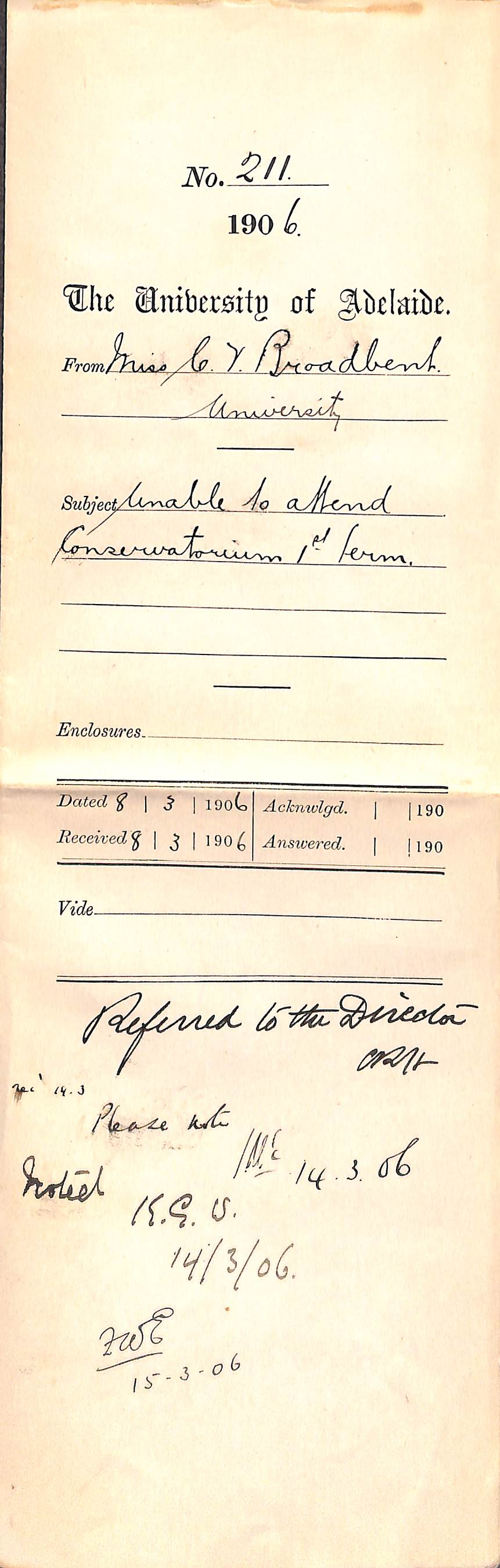 Unable to attend Conservatorium 1st Term