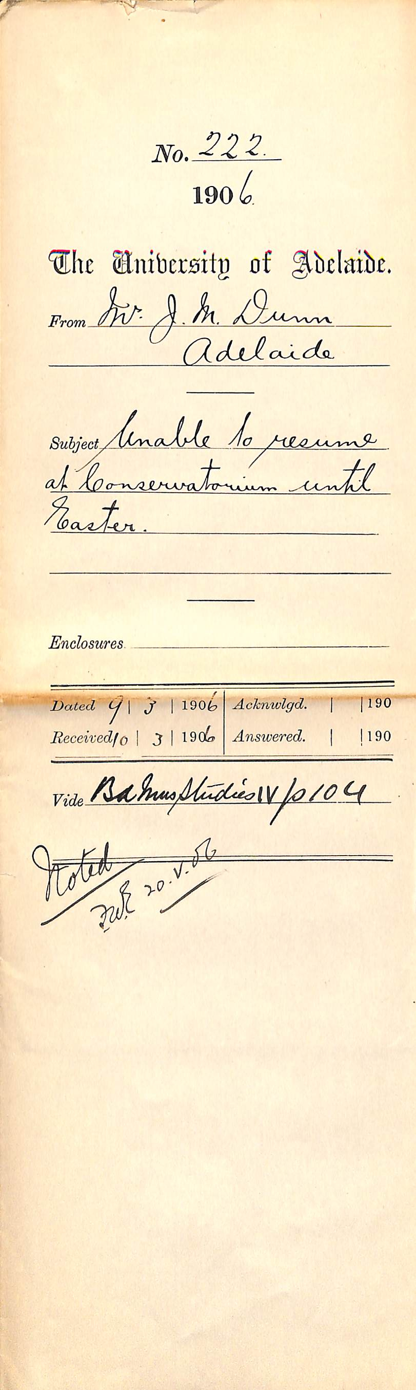 Unable to resume at Conservatorium until Easter