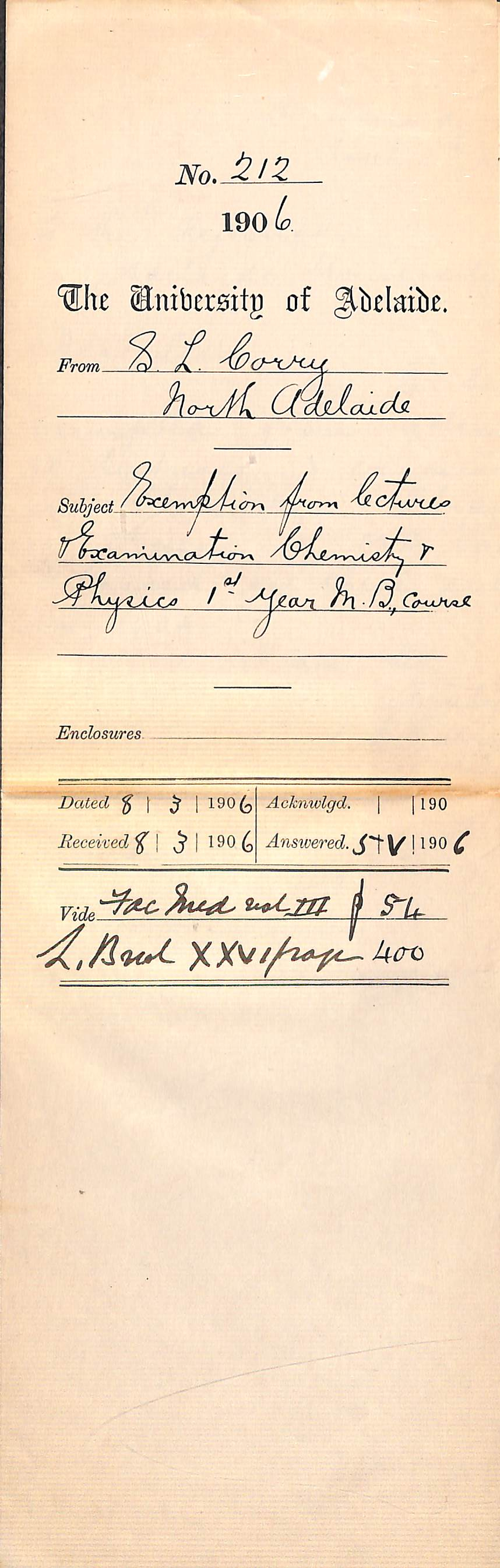 Exemption from Lectures and Examination Chemistry and Physics 1st Year MB Course