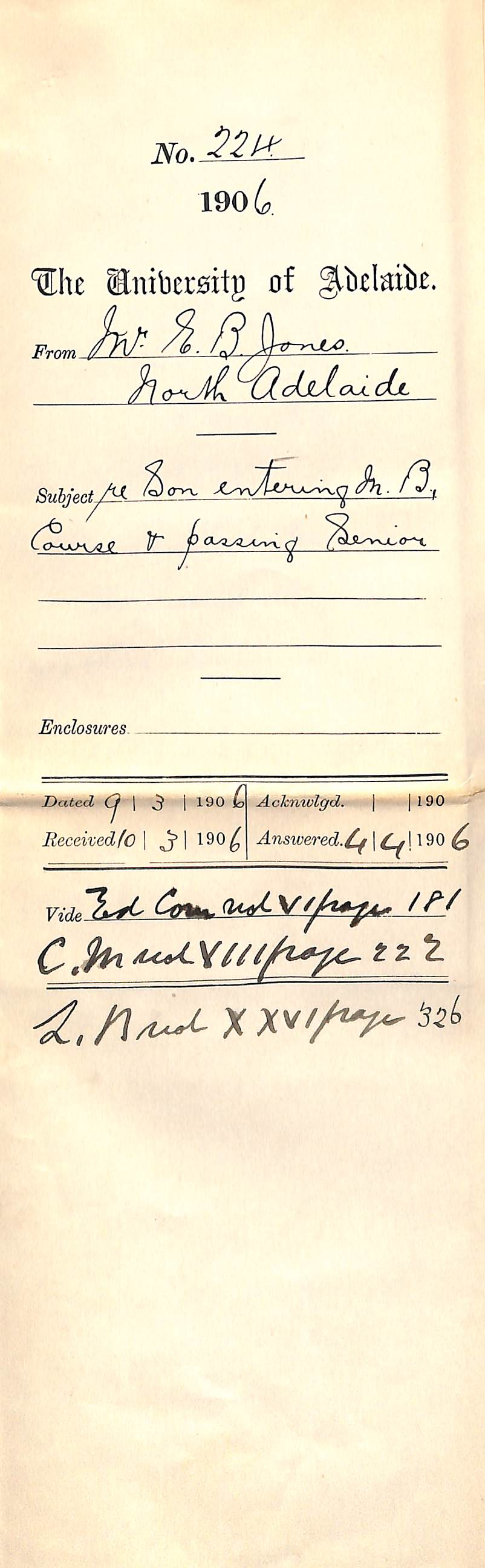 Son Edmund Britten Jones entering MB Course and passing Senior