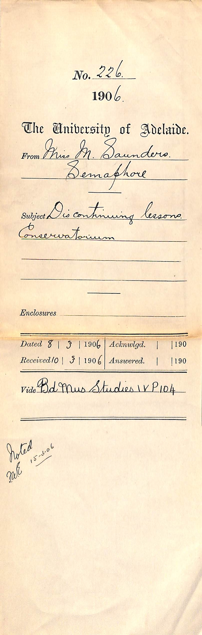 Discontinuing lessons Conservatorium - Saunders