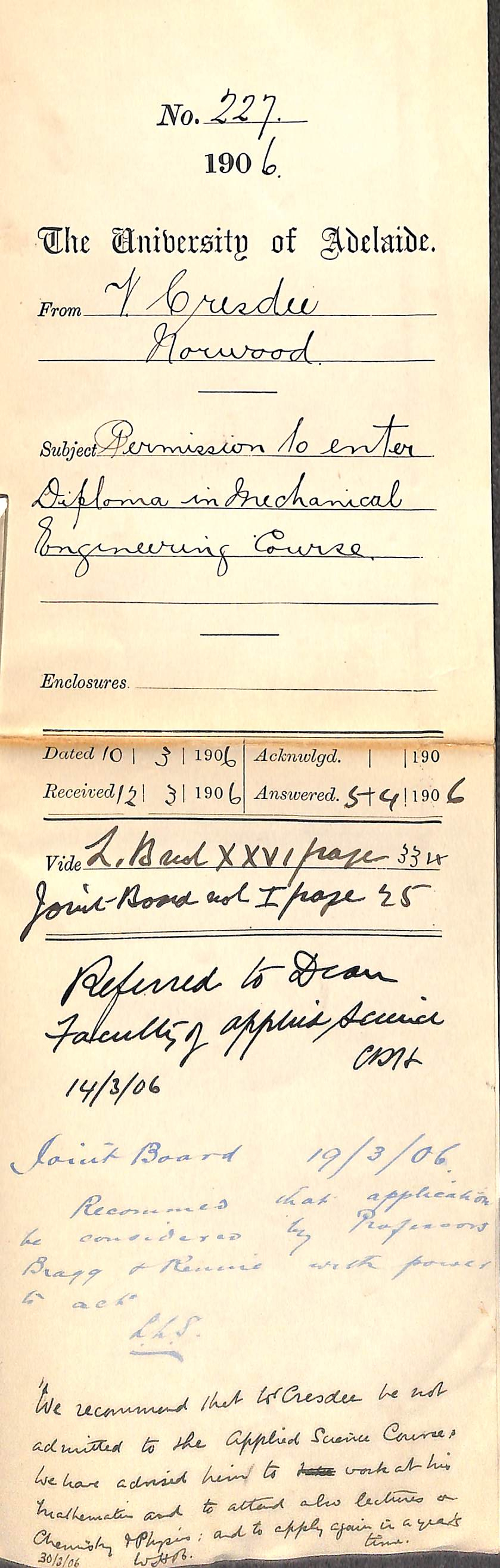 Permission to enter Diploma in Mechanical Engineering Course