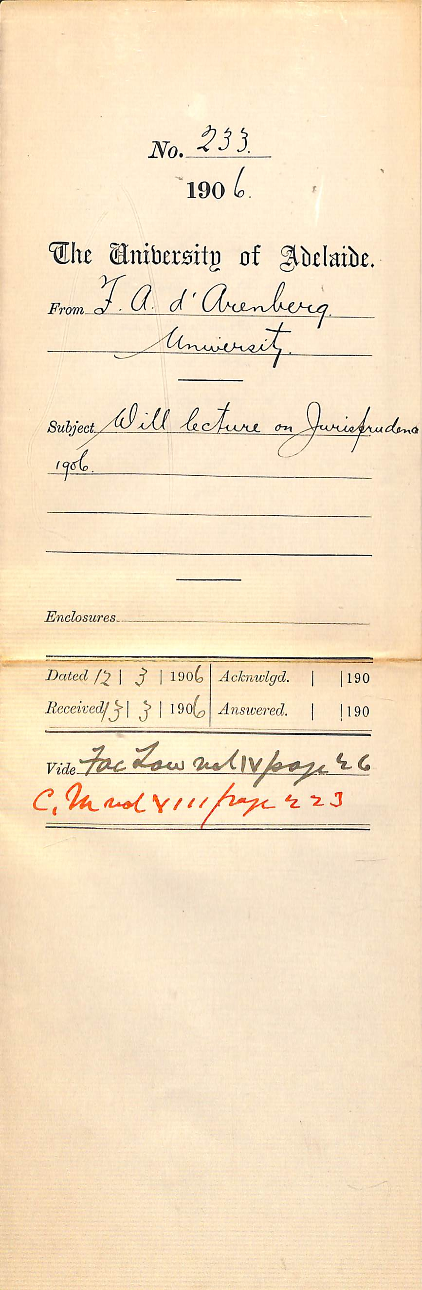 Will lecture on Jurisprudence 1906