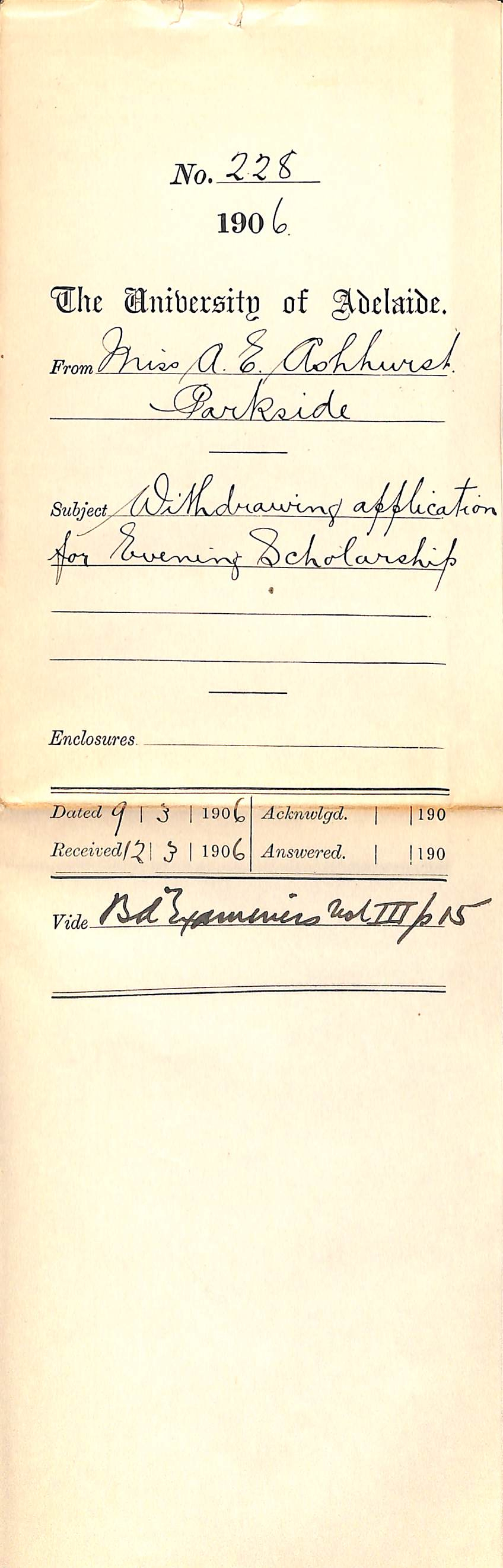 Withdrawing application for Evening Scholarship