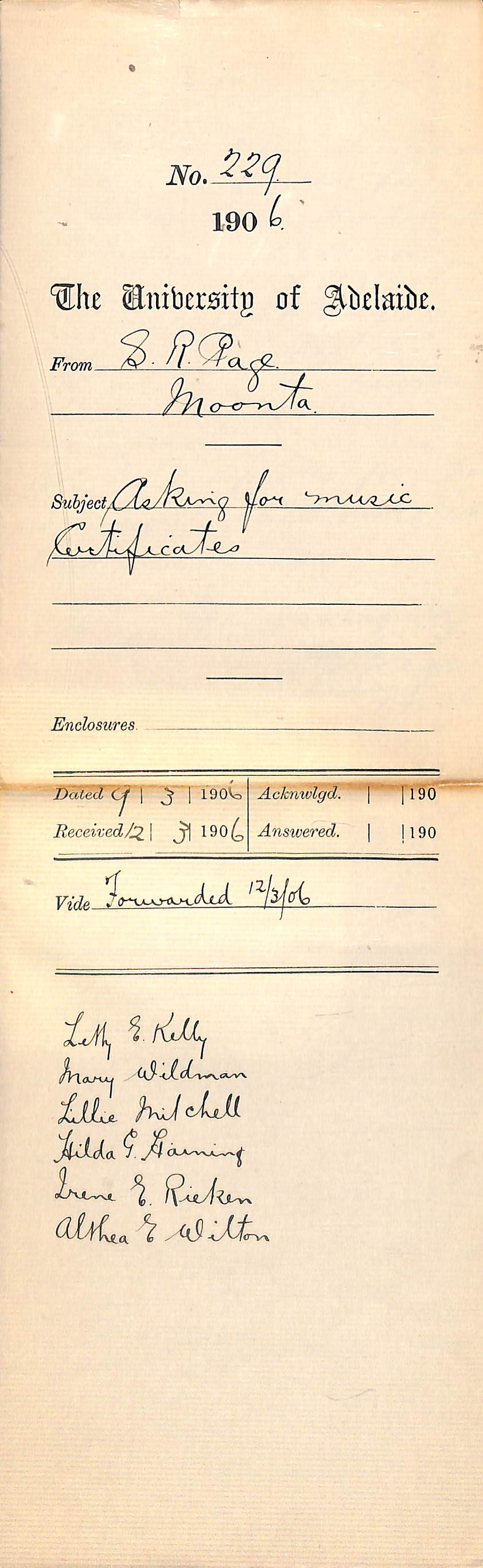 Asking for Music Certificates - Letty E Kelly - Mary Wildman - Lillie Mitchell - Hilda G Hanning - Irene T Rieken - Althea E Wilton